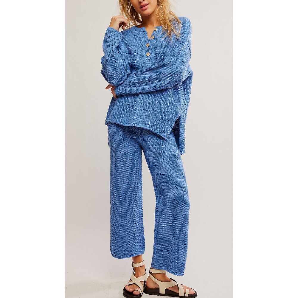 Free People Sky Blue Knit Henley and matching sweater pants!! New in the bag!